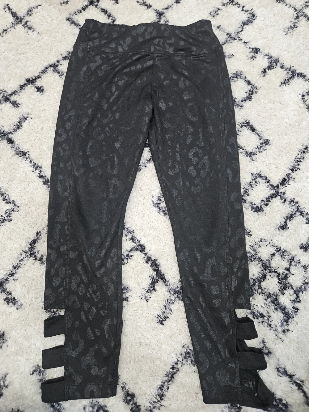 Justice Black Leopard-Print Leggings with Strappy Hem